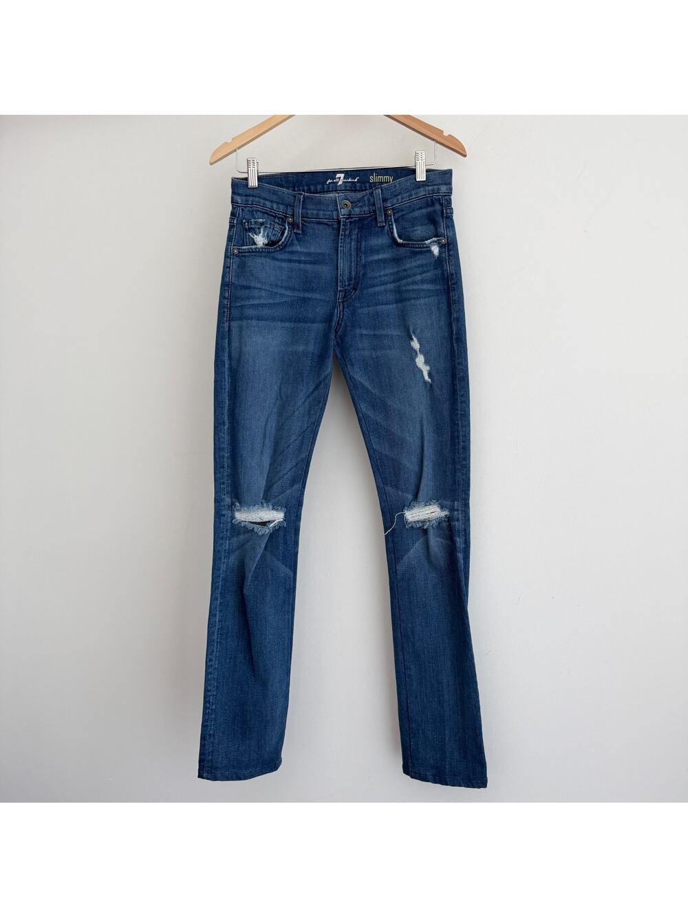 7 For All Mankind Jeans Mens 29x33 Blue Slimmy Slim Fit Stretch Denim Distressed